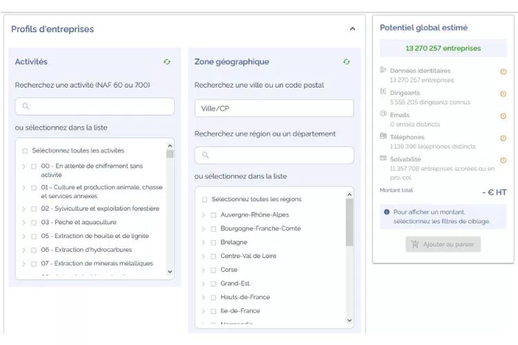 Recherche par activité et par zone géographique