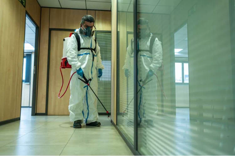 Personne aspergeant des biocides